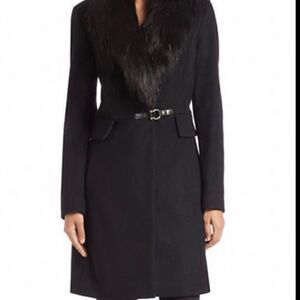 Faux fur trim shearling winter Coat, deep navy blue, XS